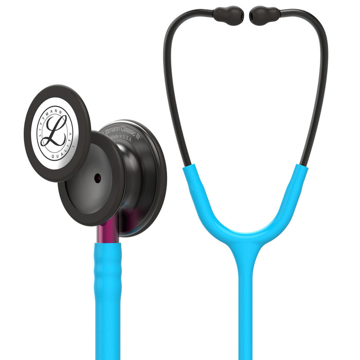 Estetoscopio Littmann Classic III, 5872, Tubo turquesa, Acabado tubo estandar, Campana ahumado, Vástago rosa